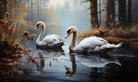 Swans on the lake in the autumn park. Selective soft focus.の素材