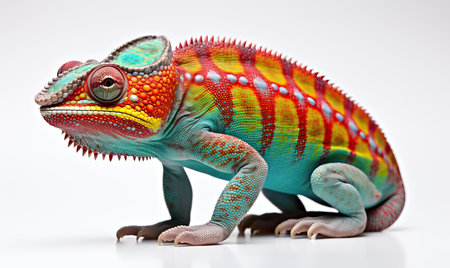A colorful chameleon sits on a white background. Selective soft focus.の素材