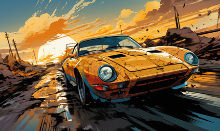 Racing car in graphic novel and comic style. Selective soft focus.の素材