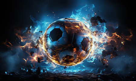 Burning soccer ball on a dark abstract background. Selective soft focus.の素材
