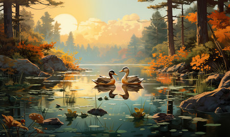 Ducks on the lake in the autumn park. Selective soft focus.の素材