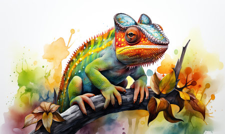 Watercolor, colorful chameleon on a white background. Selective soft focus.の素材