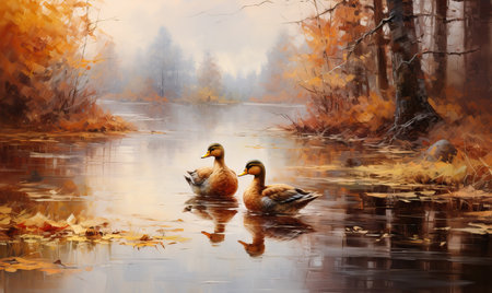 Ducks on the lake in the autumn park. Selective soft focus.の素材