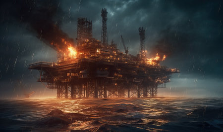 Fire at an oil well at sea. Selective soft focus.の素材