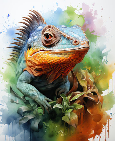 Watercolor, colorful chameleon on a white background. Selective soft focus.の素材