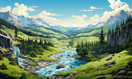 Watercolor, cascading landscape with a waterfall in the forest. Selective soft focus.の素材