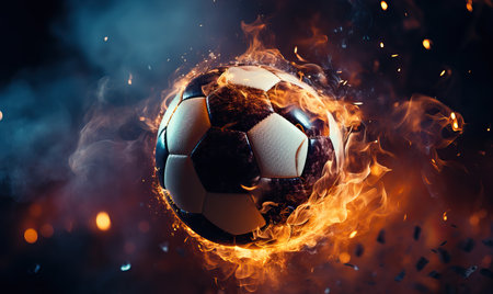 Burning soccer ball on a dark abstract background. Selective soft focus.の素材