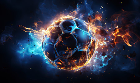 Burning soccer ball on a dark abstract background. Selective soft focus.の素材
