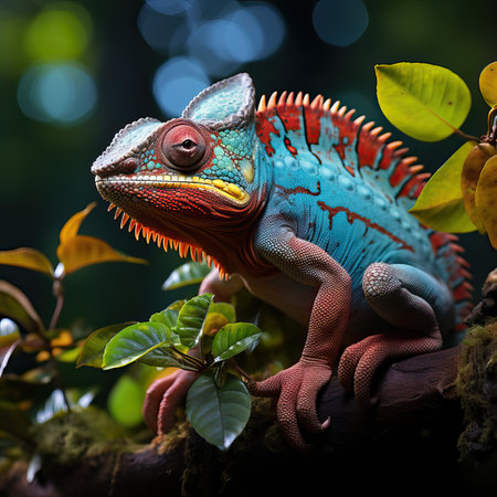 A colorful chameleon sits on a tree branch. Selective soft focus.の素材