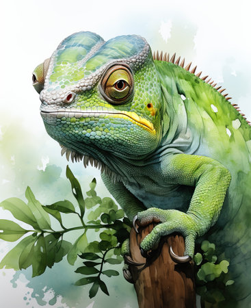 Watercolor, colorful chameleon on a white background. Selective soft focus.の素材