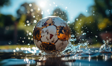 Burning soccer ball on field background. Selective soft focus.の素材