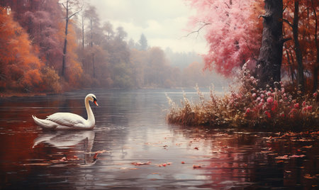 Swans on the lake in the autumn park. Selective soft focus.の素材