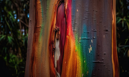 Texture background of a large rainbow eucalyptus tree. Selective soft focus.の素材
