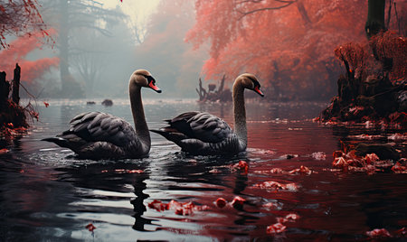 Swans on the lake in the autumn park. Selective soft focus.の素材
