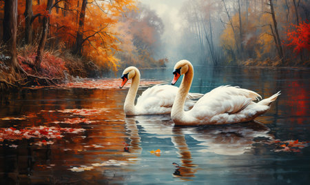 Swans on the lake in the autumn park. Selective soft focus.の素材