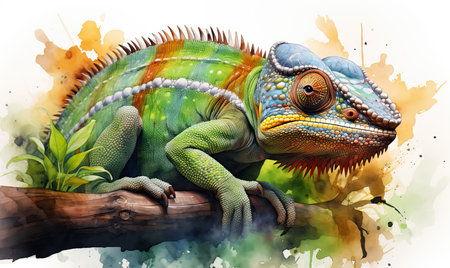 Watercolor, colorful chameleon on a white background. Selective soft focus.の素材