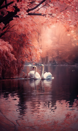 Swans on the lake in the autumn park. Selective soft focus.の素材