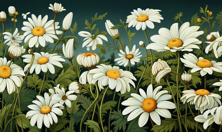 Drawn daisies on a green background, close-up. Selective soft focus.の素材