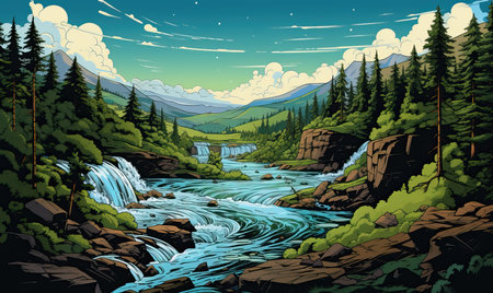 Watercolor, cascading landscape with a waterfall in the forest. Selective soft focus.の素材