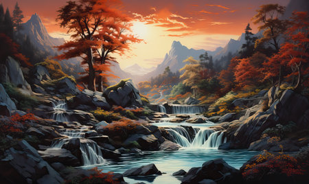 Watercolor, cascading landscape with a waterfall in the forest. Selective soft focus.の素材