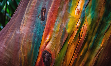 Texture background of a large rainbow eucalyptus tree. Selective soft focus.の素材
