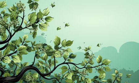 Branch with green leaves on a light green background. Selective soft focus.の写真素材