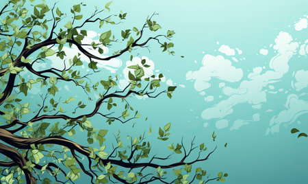 Branch with green leaves on a light blue background. Selective soft focus.の写真素材