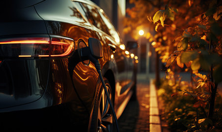 The electric car is charged at night. Selective soft focus.の写真素材