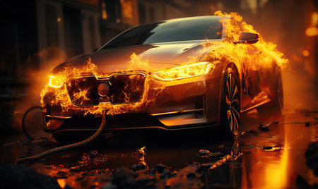 An electric car caught fire while charging at night.の写真素材