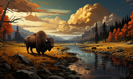 Natural autumn landscape, bison grazing by the river.の素材