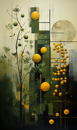 Oil painting of geometric symbols in mustard tones.の素材