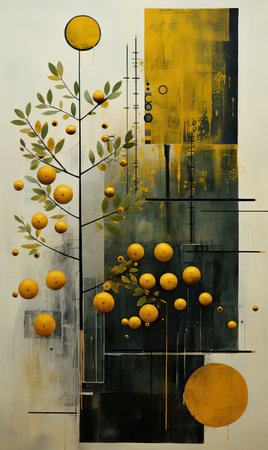 Oil painting of geometric symbols in mustard tones.の素材