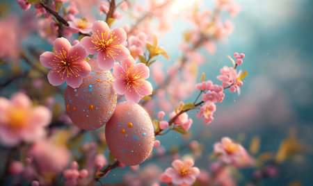 3D, cartoon Easter eggs hanging on tree branches. Selective soft focus.の素材