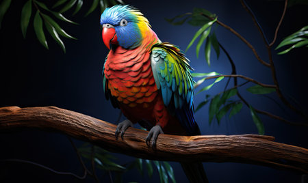 A colorful parrot sits on a branch. Selective soft focusの素材