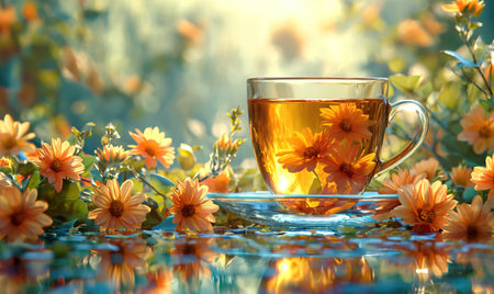 Floral tea in a transparent mug on a background with flowers. Selective soft focusの素材