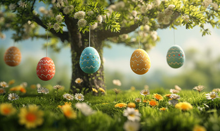 3D, cartoon Easter eggs hanging on tree branches. Selective soft focus.の素材