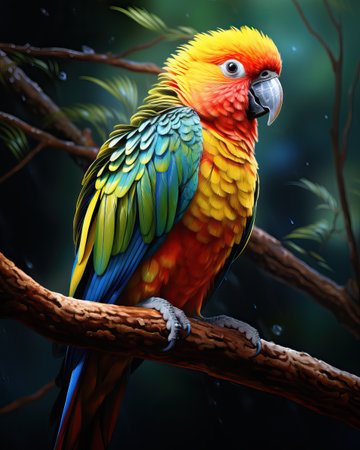 A colorful parrot sits on a branch. Selective soft focusの素材