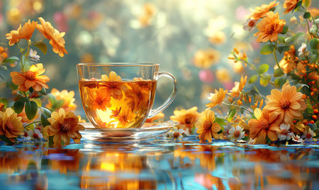Floral tea in a transparent mug on a background with flowers. Selective soft focusの素材