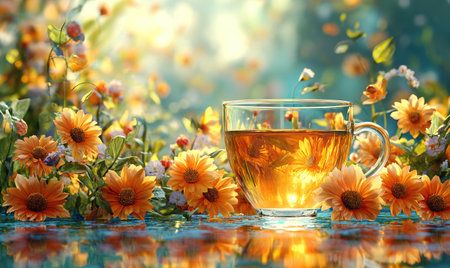 Floral tea in a transparent mug on a background with flowers. Selective soft focusの素材