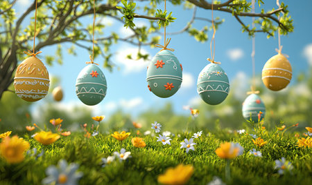 3D, cartoon Easter eggs hanging on tree branches. Selective soft focus.の素材