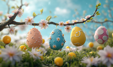 3D, cartoon Easter eggs hanging on tree branches. Selective soft focus.の素材