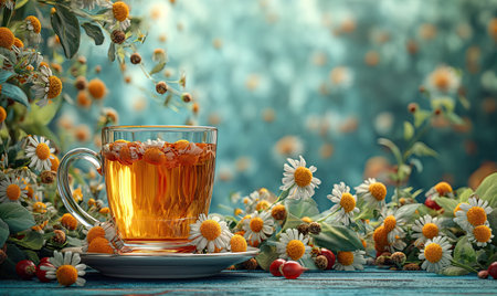 Floral tea in a transparent mug on a background with flowers. Selective soft focusの素材