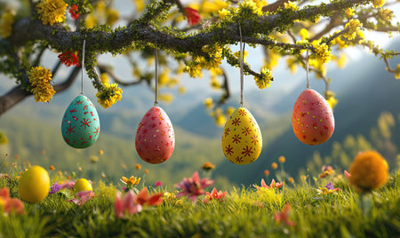 3D, cartoon Easter eggs hanging on tree branches. Selective soft focus.の素材
