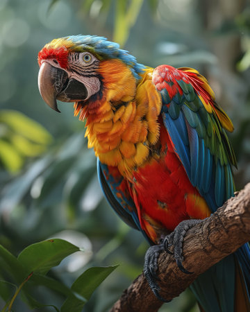 A colorful parrot sits on a branch. Selective soft focusの素材