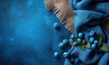 Scattered blueberry on burlap and blue background. Selective soft focusの素材