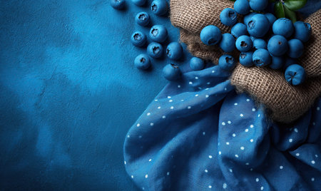 Scattered blueberry on burlap and blue background. Selective soft focusの素材
