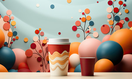 Drink cup with lid on abstract background. Selective soft focusの素材