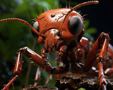 Illustration of a warlike ant on a blurred background. Selective soft focusの素材