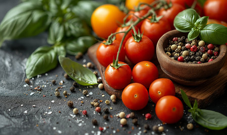 Tomatoes and basil on a dark background. Selective soft focusの素材
