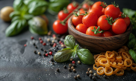 Tomatoes and basil on a dark background. Selective soft focusの素材